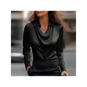Women's Elegant Satin Silk Shirt V-Neck Front Pleated Long Sleeved Work Shirt T…